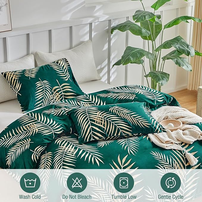 Lekesky King Duvet Cover Set, Green and Gold Tropical Palm Leaf Pattern Comforter Cover King Size, 3 Pieces Soft Microfiber Bedding Sets with Zipper & 2 Pillowcases, Comforter Not Included