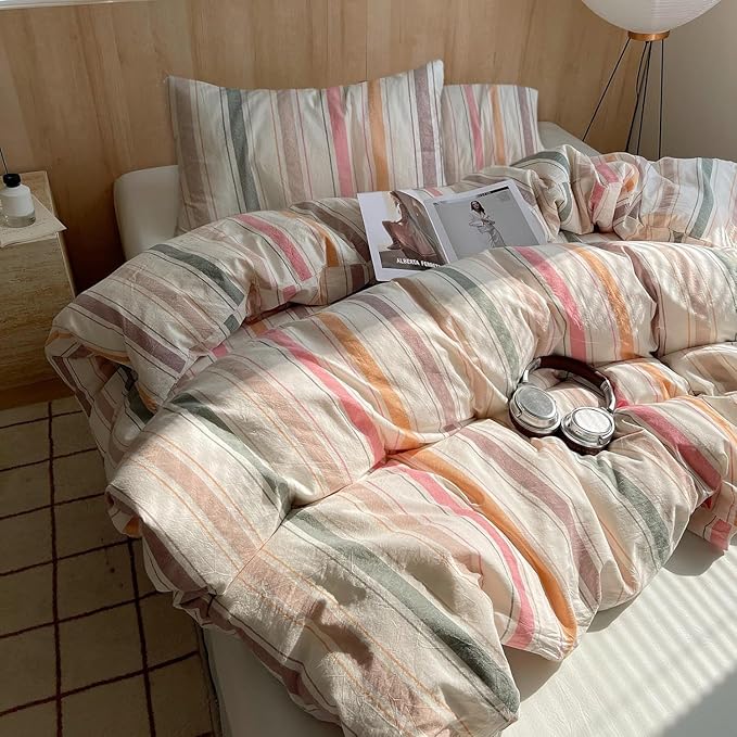 LifeTB Multicolor Striped Duvet Cover Set Queen, 100% Washed Cotton Stripes Pattern Comforter Cover, 3 Pieces Colorful Striped Bedding Set Farmhouse Breathable Duvet Cover with 2 Pillowcases