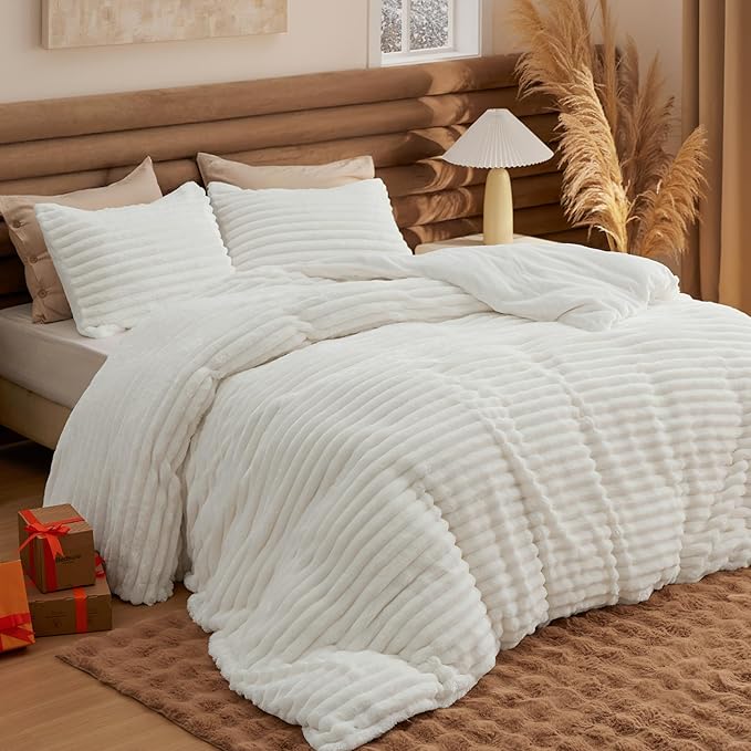 Bedsure Fluffy Duvet Cover Set - Ultra Soft Plush Shaggy Comforter Cover Queen Size, Warm Flannel Fleece Bed Sets for Winter, 3 Pieces (Striped Pattern, Coconut White)