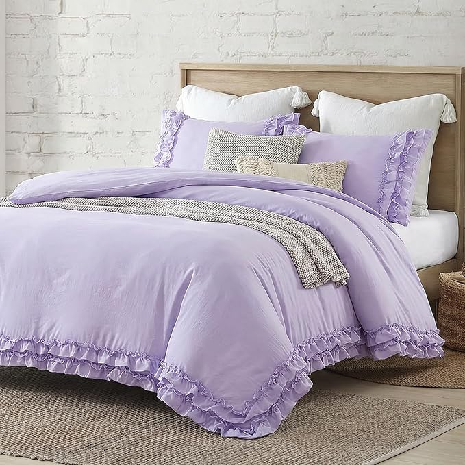 Bedrom Ruffled Duvet Cover Queen Light Purple Bedding Set Shabby Chic Lace Ruffle Bedroom Set Lilac Purple Aesthetic Boho Duvet Cover Set for Girls Women