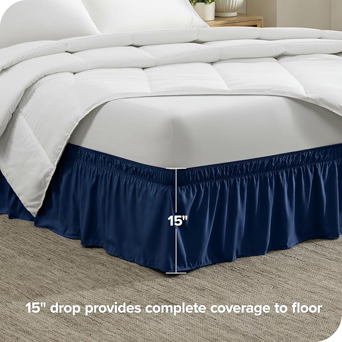 Bare Home Wrap Around Bed Skirt - for Twin Size Beds with 15 inch Tailored Drop - Easy Fit Elastic Strap - Adjustable and Ruffled Style - Wrinkle, Fade, and Stain Free (Twin, Dark Blue)