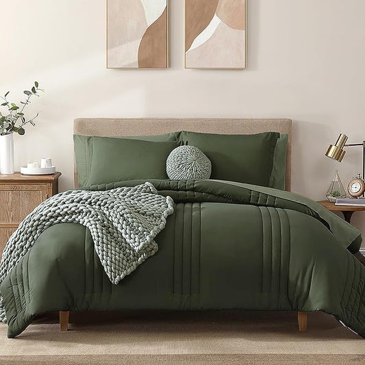 Monbix Twin XL Size Comforter Set - Extra Long 5 Pieces Dorm Bedding Sets, Quilting Design Fluffy Bed in a Bag Twin XL with Sheets, Pillowcase & Sham(Olive Green)