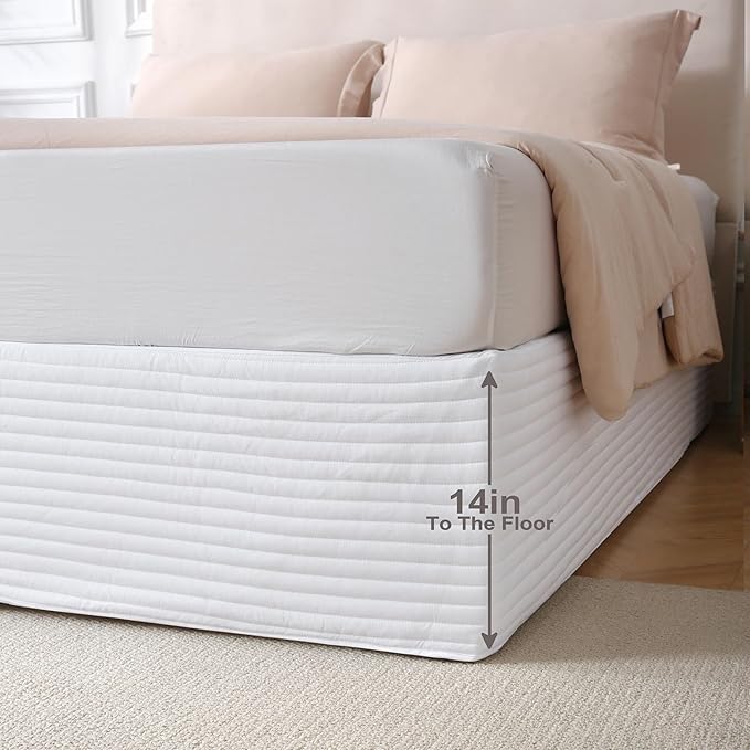 Queen Size White Bed Skirt with 14-Inch Drop, Easy Fit Wrap-Around Cover for Bed, Wrinkle-Free and Fade-Resistant Box Spring Cover.(White Stripes, Queen)