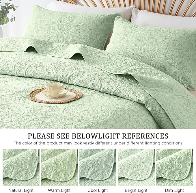 WURUIBO Light Green Quilt Set Twin Size, Embossing Microfiber Bedspreads with Pillow Sham, Ligthweight Breathable Thin Coverlet, Reversible Bedding Set for All Season (1 Quilt, 1 Pillow Sham)