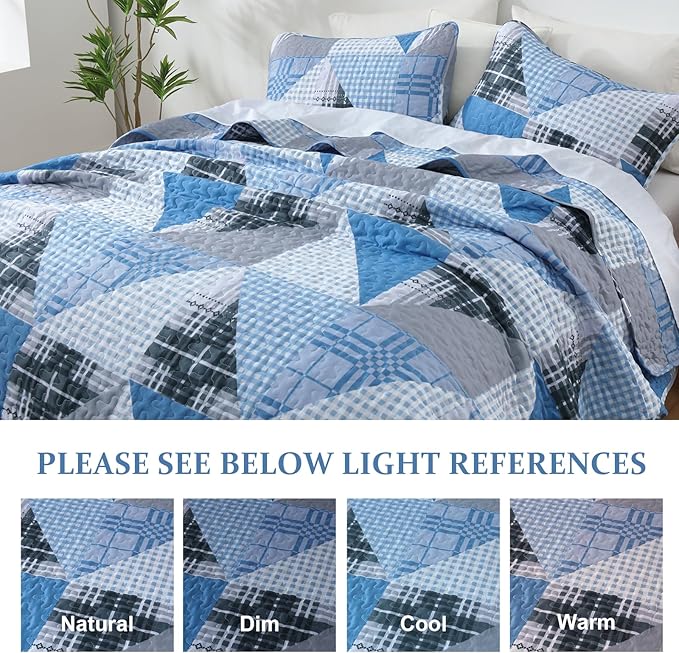 Annibedding Blue Quilt Queen Size, Plaid Patchwork Bedspread Coverlet Set with 2 Pillow Shams, Soft Microfiber Farmhouse Bedding Quilt Set for All Season (Queen, 96''x90'')