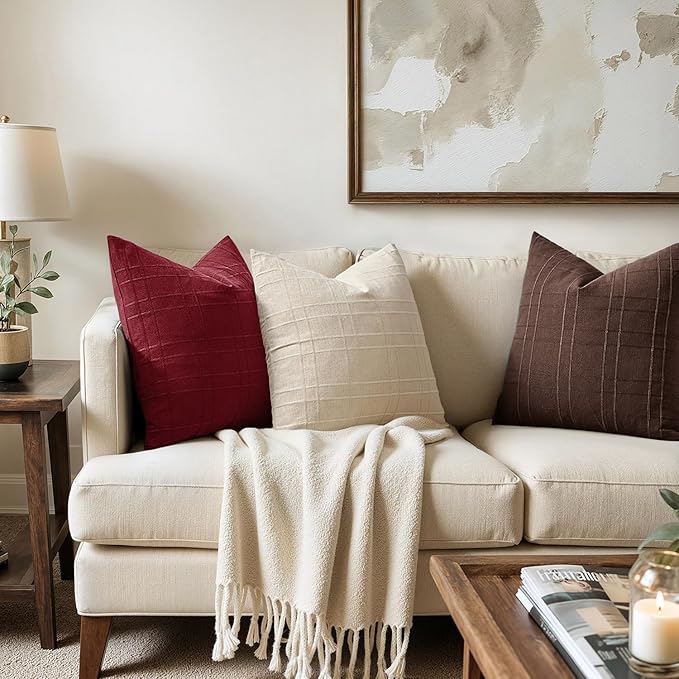MIULEE Decorative Linen Check Throw Pillow Covers Neutral Farmhouse Vintage Pillow Covers 20x20 Set of 2 Boho Modern Home Decor for Sofa Couch Bedroom Cushion Burgundy