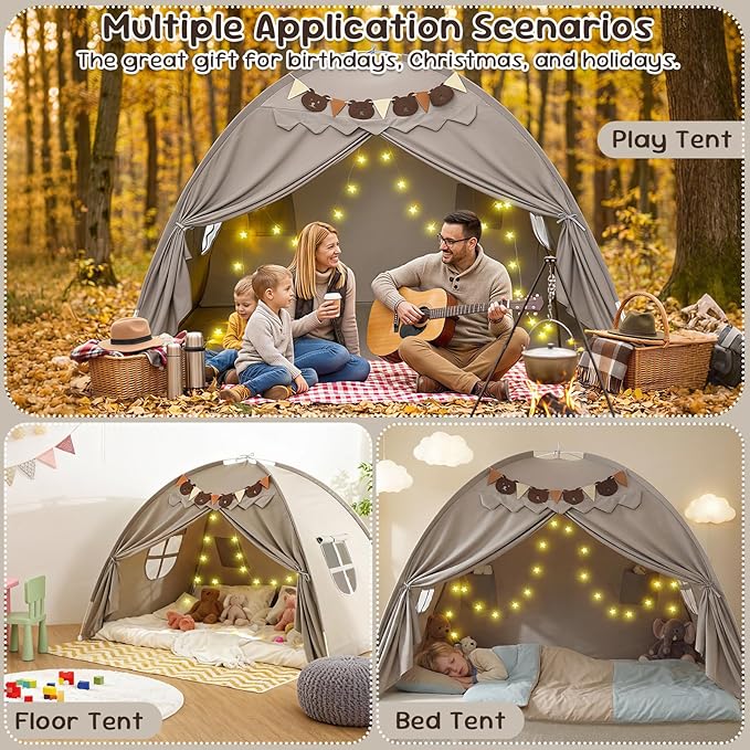 Full Bed Tent, Bunk Bed Tent Canopy with Stars Light & Flags, Breathable Sleeping Drafty, Privacy Space Dream Playhouse for Indoor Floor, Birthday Gifts, Grey
