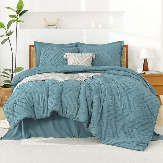 Litanika Oversized King Size Comforter Set with Sheets Grayish Teal - 7 Pieces Bed in a Bag Oversized King Boho Tufted Complete Bedding Sets with Comforter, Sheets, Pillowcases & Shams