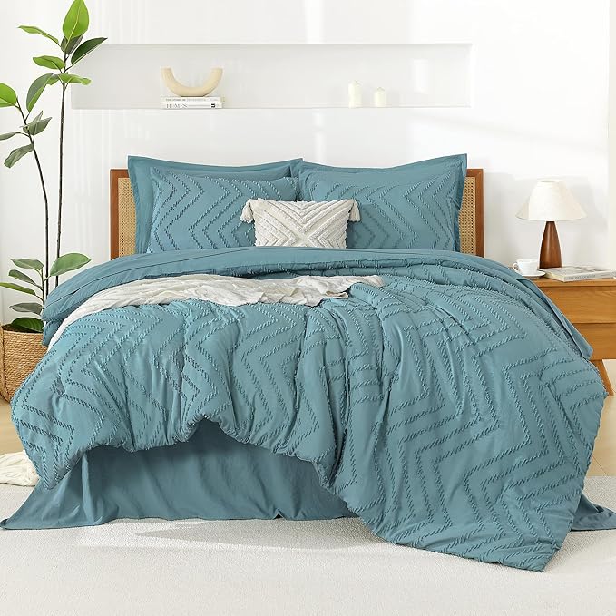 Litanika Grayish Teal Queen Size Comforter Set with Sheets - 7 Pieces Bed in a Bag Queen Boho Tufted Complete Bedding Sets with Comforter, Sheets, Pillowcases & Shams