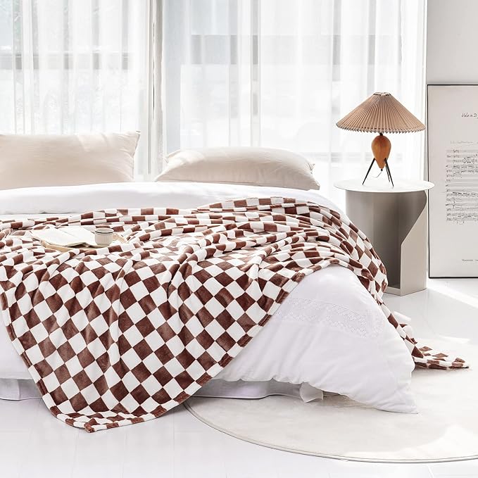 LOMAO Throw Blankets Flannel Blanket with Checkerboard Grid Pattern Soft Throw Blanket for Couch, Bed, Sofa Luxurious Warm and Cozy for All Seasons (Coffee, 40"x60")