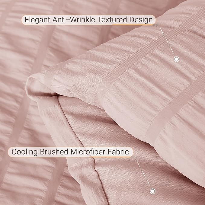 MUXHOMO 5 Pieces Twin Comforter Set, Seersucker Bed in a Bag Twin Size, All Season Luxury Bedding Set with Comforter, Flat Sheet, Fitted Sheet, Pillowcase & Sham, Rose Gold