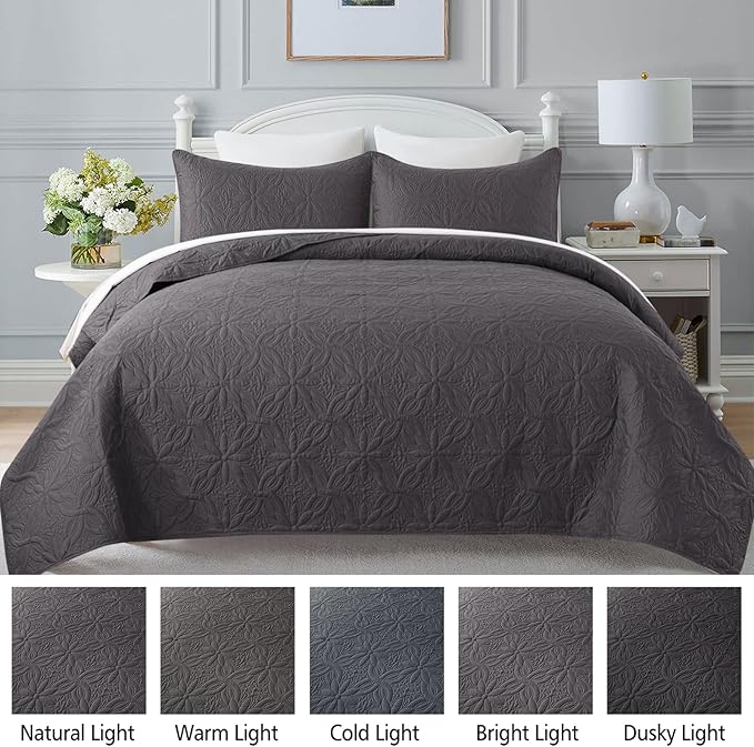 JML Quilts Set, Bedspread Coverlet Set with Pillowcases - 3 Piece Soft and Lightweight Bed Quilt for Spring, Autumn and Summer (Embossed Pattern - Dark Grey, Full/Queen(88"x92"))