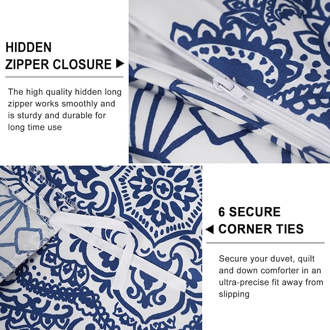 PHF Ultra Soft Paisley Duvet Cover Twin Size, Printed Bedding Set 2 Pieces, Comfy Farmhouse Pattern Duvet Cover Set with 1 Pillow Shams, Zipper Closure and 6 Ties, 68"x90", Royal Blue & White
