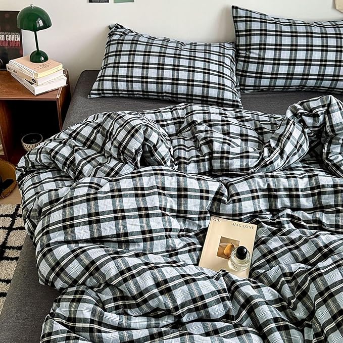 Vintage Grey White Buffalo Plaid Duvet Cover Set Twin Modern Soft 3 Piece Washed Cotton Bedding Set Farmhouse Checkered Grid Duvet Cover Gingham Bedding Set Soft Breathable Comforter Cover Twin
