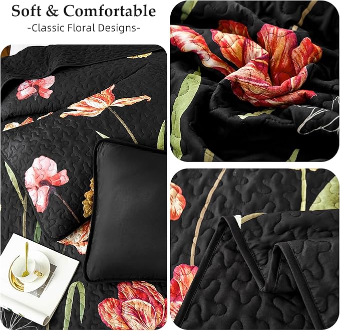 WONGS BEDDING Floral Quilt Set King Size, Colorful Black Red Quilt Set with 2 Pillowcase, Lightweight Spring Summer Farmhouse Coverlet Set for All Season (104"x90")