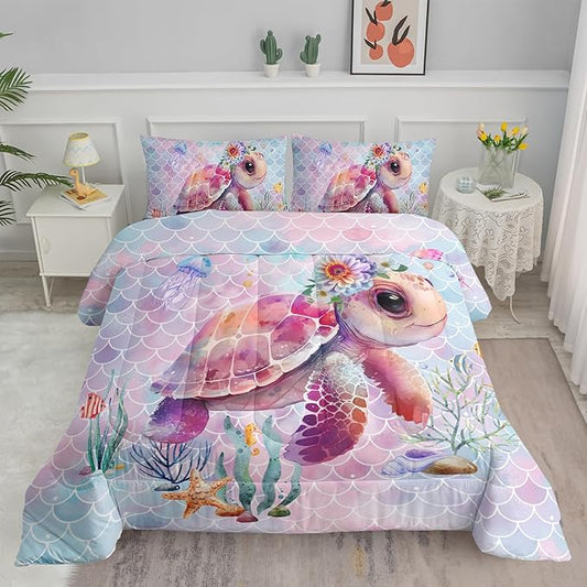 Axolotl Turtle Bedding Set - 3Pcs Queen Comforter Set with Pillowcases