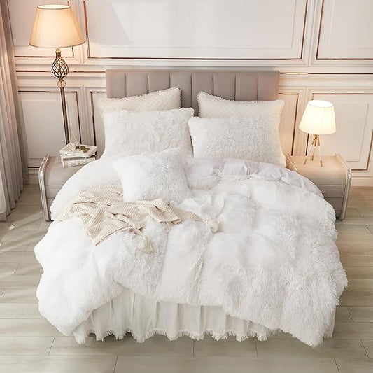 annadaif Plush White Queen Duvet Cover, Fluffy Soft Faux Fur Velvet Comforter Cover, Luxury Fuzzy Shaggy Bedding Sets 3 Pieces(1 Duvet Cover,2 Pillowcases), Zipper Closure