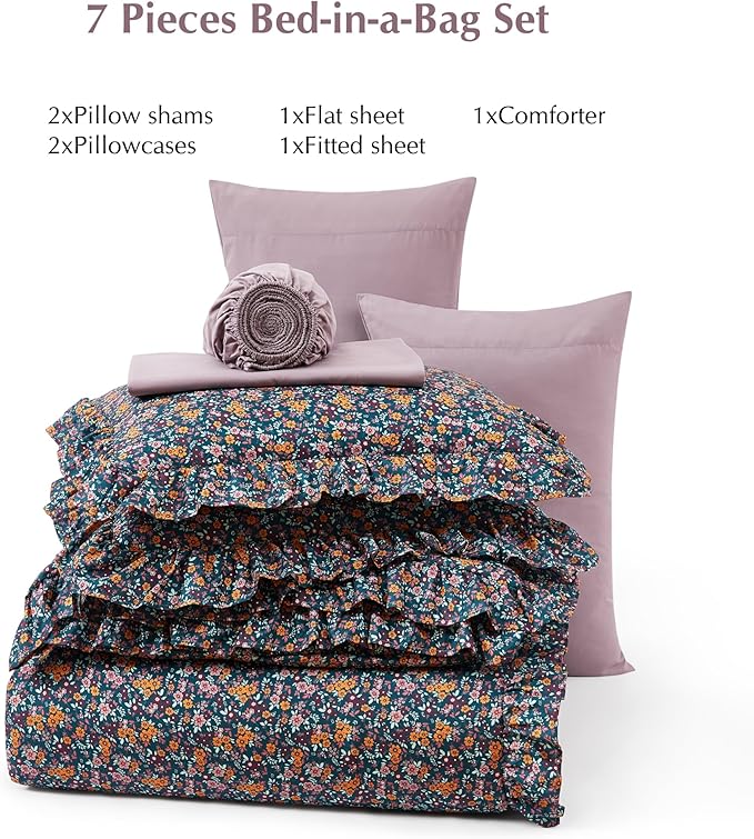 Full Comforter Set - 7 Pieces Ruffle Purple Ditzy Bedding Sets, Shabby Chic Farmhouse Bed in a Bag with Ruffle Comforter, Sheets, Pillowcases & Shams