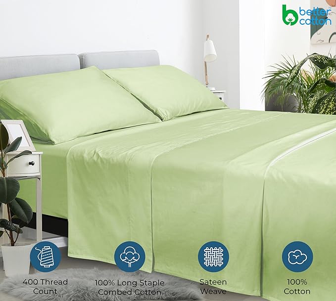 400 Thread Count 100% American Grown Cotton Flat Sheet - Cooling Sheets - King Sheets - Luxury Sateen Weave - King Flat Sheet Sold Separately - Super Soft Green Flat Sheet Only (King, Florentine Sage)