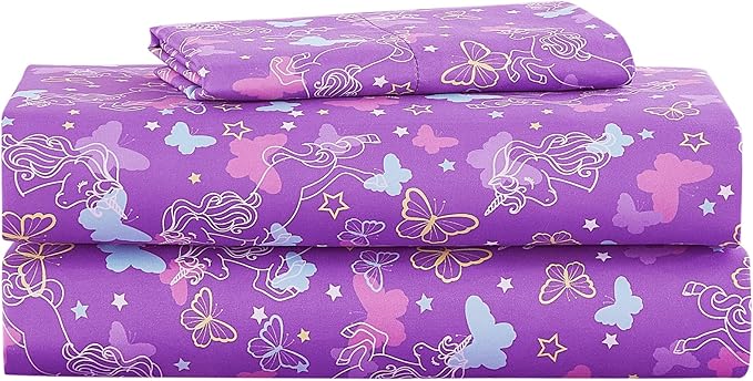 Kids Sheet Set Twin Size, Twin Sheet Set with Butterfly Unicorn Pattern，Breathable Silky Soft Microfiber Kids Fitted Sheet