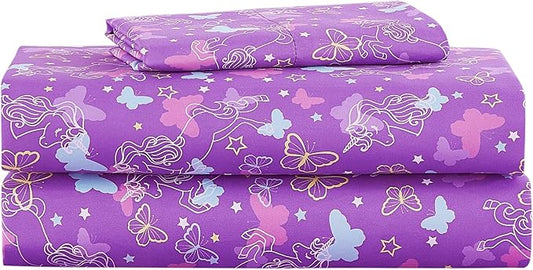 Kids Sheet Set Twin Size, Twin Sheet Set with Butterfly Unicorn Pattern，Breathable Silky Soft Microfiber Kids Fitted Sheet