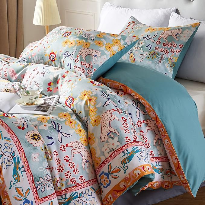 Cupocupa Bohemian King Duvet Cover Set, Vintage Floral Animal Print Bedding with Reversible Teal Lining, Zipper Closure & Corner Ties, Soft Breathable Light Blue Colorful Comforter Cover for Bedroom