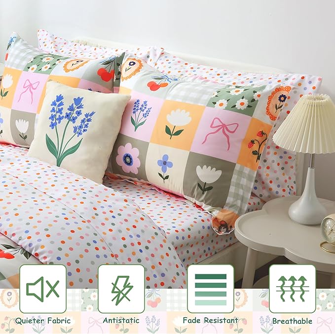 Mooreeke Kids Full Comforter Sets for Girls 8 Pieces Floral Butterfly Bedding Set for Teens Microfiber Splice Block Flower Kids Bed in A Bag with Comforter, Sheet Set, Shams and Decorative Toy Pillow