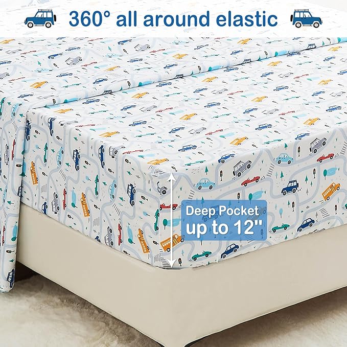 Mooreeke Bed in a Bag for Kids Boys Teens, 8 Pieces Full Size Comforter Bed Set with Shams, Sheet Set and Decorative Toy Pillow, Cars White Super Soft Microfiber Kids Comforter Bedding Set