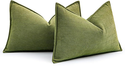 MIULEE Pack of 2 Moss Green Decorative Lumbar Pillow Covers 12x20 Inch Soft Chenille Luxurious Couch Throw Pillows Farmhouse Cushion Covers with Elegant Design for Sofa Bed Living Room Spring Decor