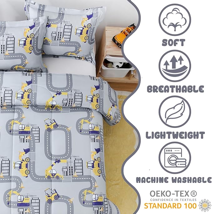 Yibeizi Twin Bed Comforter Set, Kids Lightweight All-Season Comforter Set Cute Truck Pattern Microfiber Breathable Hypoallergenic Soft Oeko-Tex Bedding Comforter Sets