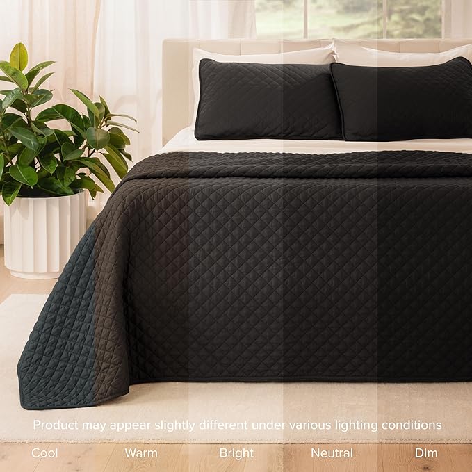 Bare Home Coverlet Set - King Size - Lightweight Bed Decor - Comforter Alternative - All-Season Quilted Bedspread (King, Black)