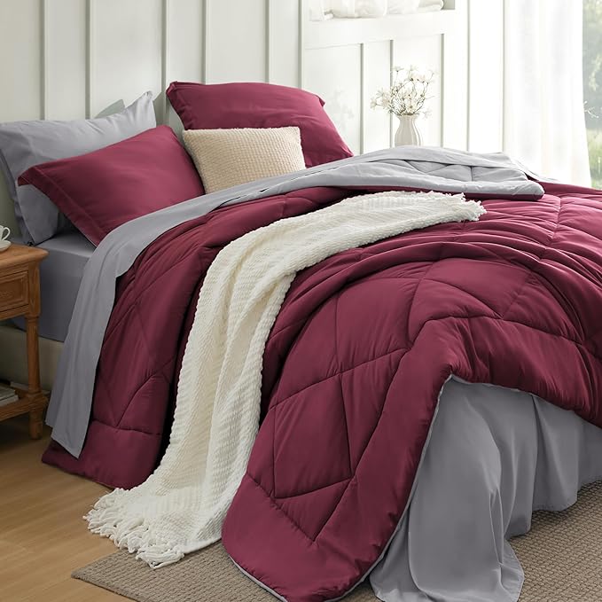 Bedsure Full Size Comforter Set - 7 Pieces Reversible Burgundy Bedding, Full Size Bed Set for All Seasons, Bed in a Bag with Down Alternative Comforter, Sheets, Pillowcases & Shams