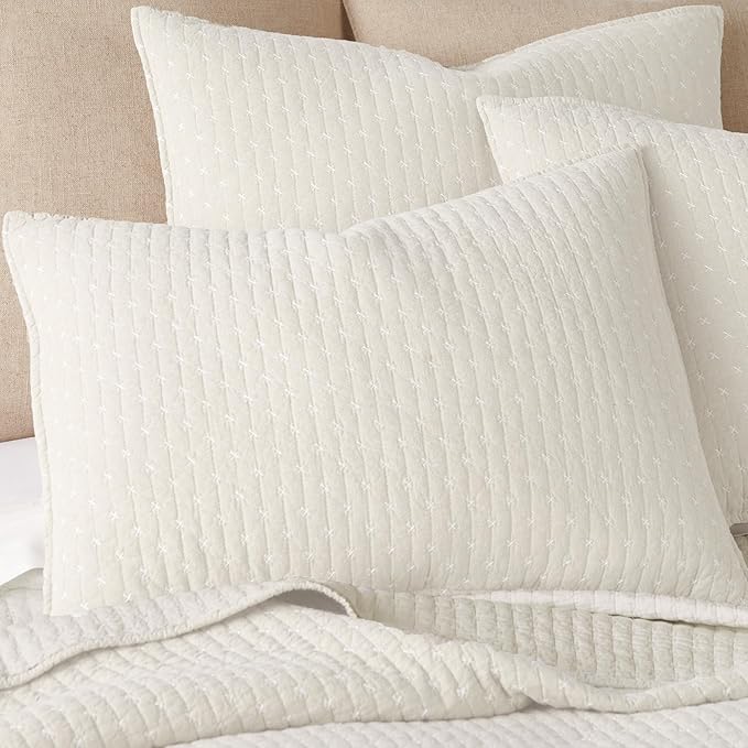 Levtex Home Cross Stitch Reversible Full/Queen Quilt Set (88x92in) with 2 Pillow Shams (26x20in) - Stitch Texture - Cream - Cotton Full/Queen Size Quilt Bedding Set - Lightweight, Soft, Pre-Washed