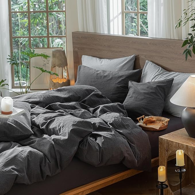MooMee Wavy Striped Duvet Cover Set 100% Washed Cotton Linen Like Textured Breathable Durable Soft Comfy (Charocal Grey, Twin 68"x90")