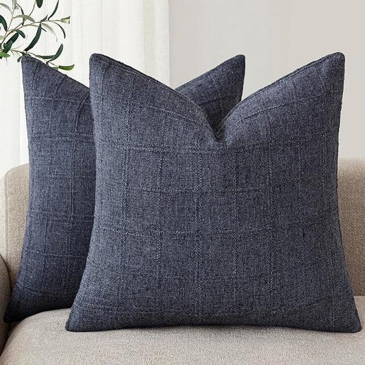 Foindtower Set of 2 Decorative Linen Check Throw Pillow Covers Neutral Farmhouse Vintage Cushion Covers Modern Boho Home Decor for Sofa Chair Couch Bedroom Living Room,22×22 Inch,Navy Blue