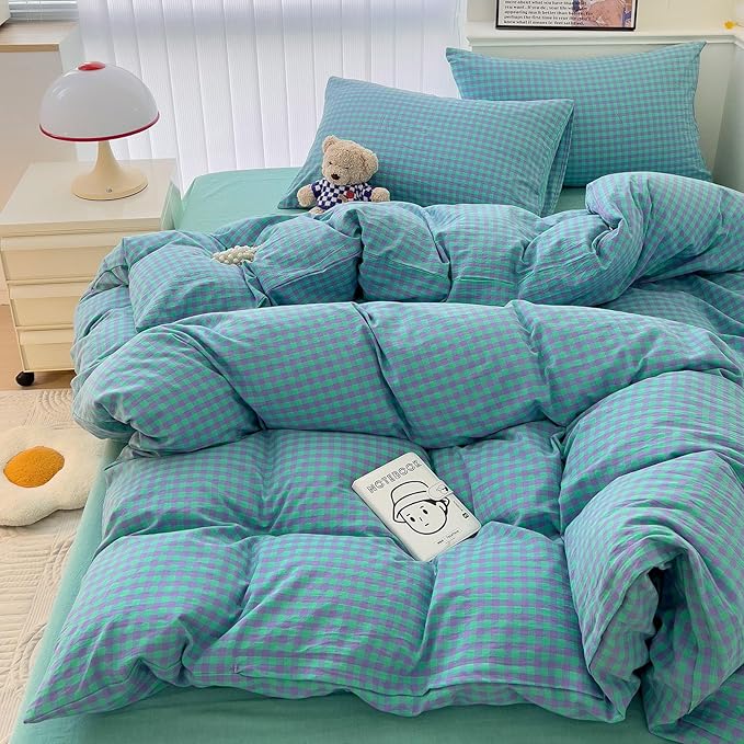 LifeTB Twin XL Comforter Set Green Gingham Bedding Comforter with 2 Pillowcases Geometric Checkered Plaid Comforter Set for All Season Green Purple Grid Printed Fluffy Soft Lightweight Bedding Set