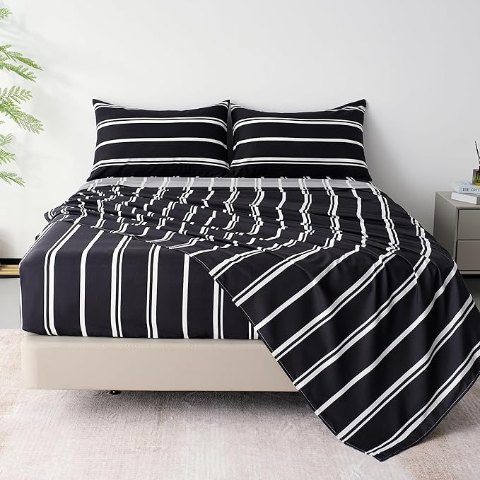 Best Season Stripe Bed Sheets Set,3 Piece Super Soft Microfiber Bedding-Deep Pocket,Ultra Soft,Fade & Wrinkle Resistant(Twin Size,Black&White)