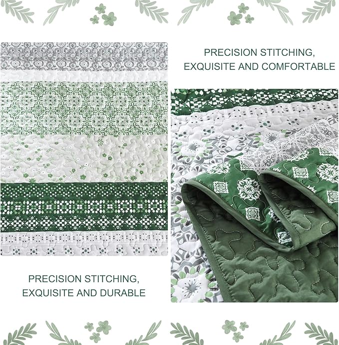 WONGS BEDDING Green Quilt Set Queen Size,Boho Striped Patchwork Bedspread Set,3 Pieces Microfiber Bedding Set for All Seasons (96"x90")