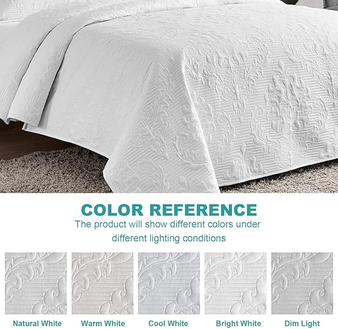 Hansleep White Quilt Twin Size - Damask Ultrasonic All Season Bedspread Twin, Soft Lightweight Coverlet Bedding Set, 2 Pieces (1 Quilt, 1 Pillow Sham)