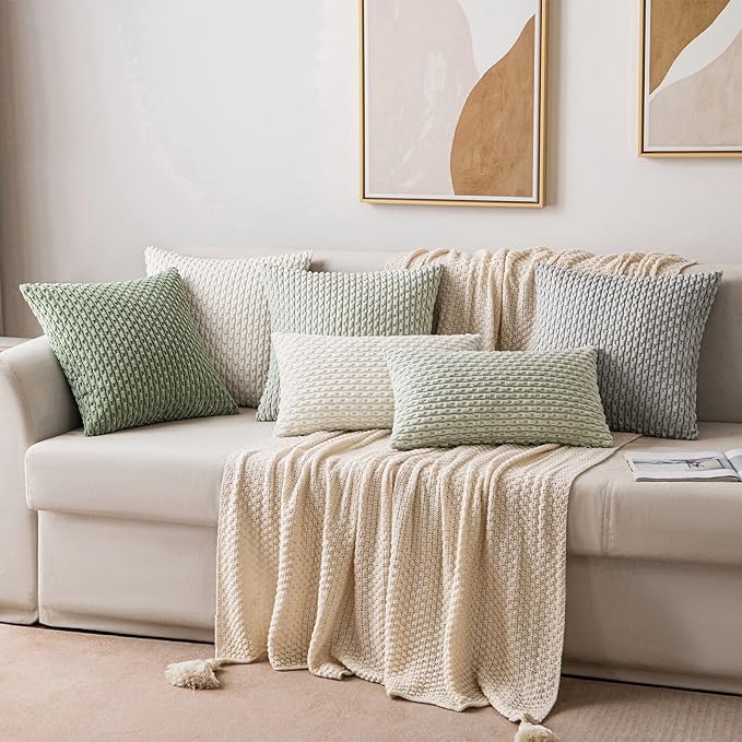 MIULEE Pack of 2 Decorative Lumbar Throw Pillow Covers 12x20 Inch Soft Boho Striped Textured Corduroy Pillow Covers Modern Farmhouse Home Decor for Couch Bed Sofa Living Room Light Green