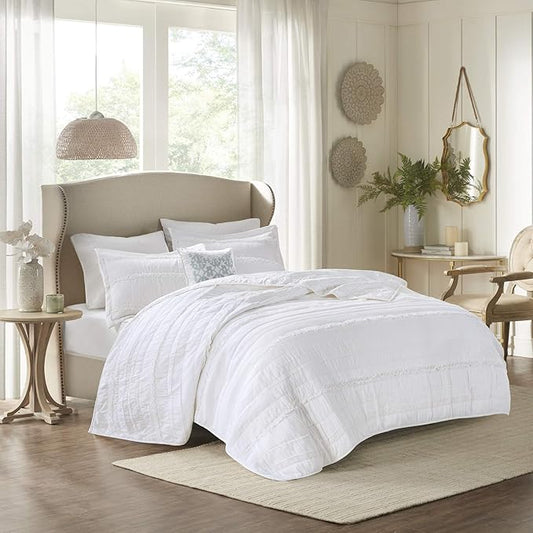 Madison Park Celeste Quilt Modern Classic Design All Season, Breathable Coverlet Lightweight Bedding Set, Matching Shams, Decorative Pillow, Full/Queen(90"x90"), Ruffle White 4 Piece