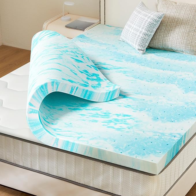 Sweetcrispy Mattress Topper Queen, 4 Inch Thick Memory Foam Gel Infused Cooling Toppers Pad for Queen Size Bed, Sleeper Sofa, RV, Camper, CertiPUR US Certified, Ventilated and Breathable, Blue