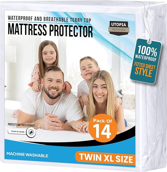 Utopia Bedding Waterproof Mattress Protector Twin XL Size 14 Pack, Premium 200 GSM Terry Mattress Cover, Soft & Breathable Bed Cover, Fitted Sheet Style with Stretchable Deep Pockets 15" (White)