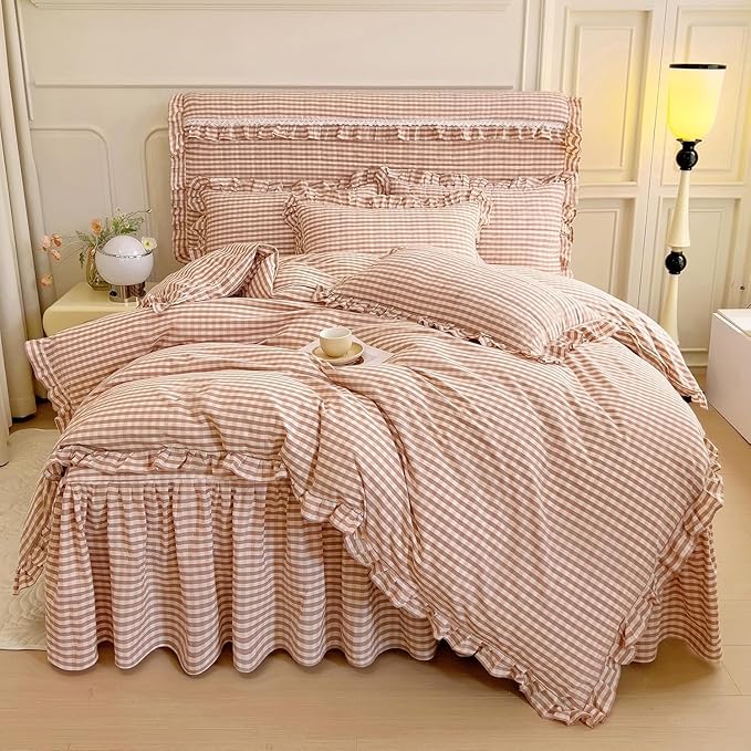 LifeTB Queen Comforter Set Pink Gingham Comforter Vintage Ruffle Blush Plaid Comforter Set 3 Pieces Checkered Grid Bed Comforter with 2 Pillowcases Fluffy Soft Gingham Bedding Set Queen Size