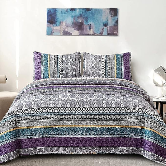 WONGS BEDDING Boho Quilt Set California King Size, Purple Bohemian 3 Pieces Quilt Sets, Lightweight Bedspread Coverlet Bedding Set for All Season (106"x96")