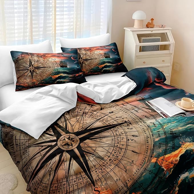 Bedbay Nautical Compass Bedding Comforter Set 4 Pcs Vintage Ocean Bedding for Boys Teen Adults Soft Cozy Lightweight Quilted Comforter for All Seasons 1 Comforter 2 Pillowcases 1 Cushion Cover