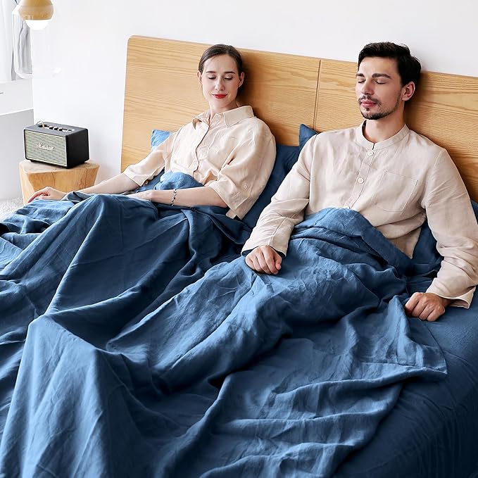 Simple&Opulence Belgian Linen Sheet Set Solid Color - 4 Pieces (1 Flat Sheet, 1 Fitted Sheet & 2 Pillowcases) Natural Flax Cotton Blend Soft Breathable Farmhouse Bedding - Full Size, Classic Blue