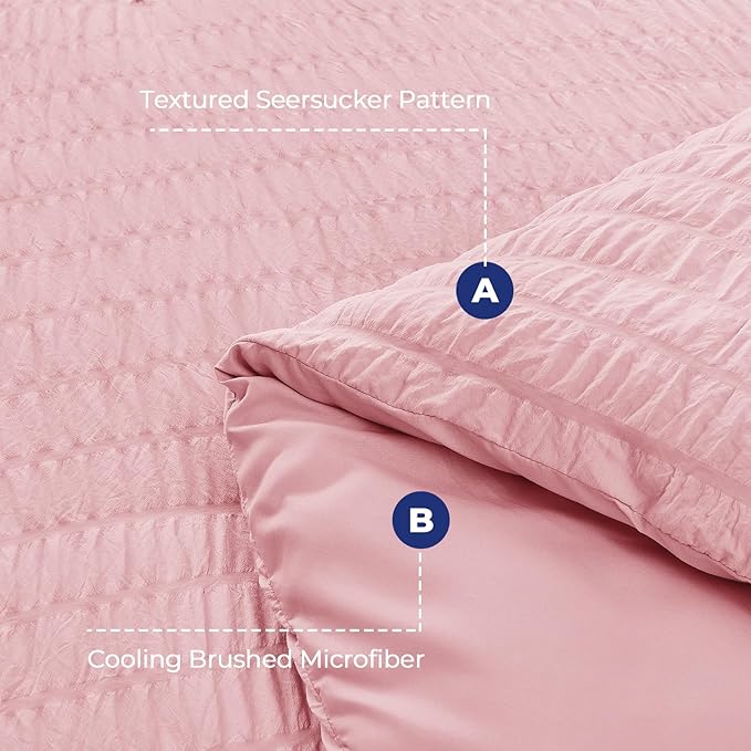HYMOKEGE Pink Duvet Cover Full Size, Ultra Soft 3-Piece Seersucker Duvet Cover Set with Zipper Closure, Soft Brushed Microfiber Bedding Set with 8 Corner Ties (80"x90", 2 Pillowshams)