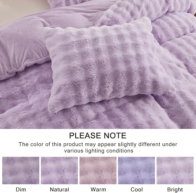 EMME Faux Fur Duvet Cover Queen Size, 3 Pieces Ultra Soft Fluffy Comforter Cover, Cozy Warm for Winter, Luxury Elegant Shaggy Bubble Design Bedding, 1 Duvet Cover & 2 Pillow Shams (Queen, Purple)