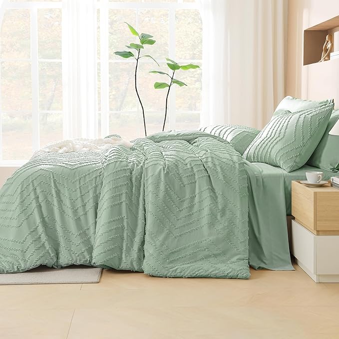 Litanika California King Comforter Set with Sheets Sage Green - 7 Pieces Bed in a Bag Cal King Boho Tufted Complete Bedding Sets with Comforter, Sheets, Pillowcases & Shams